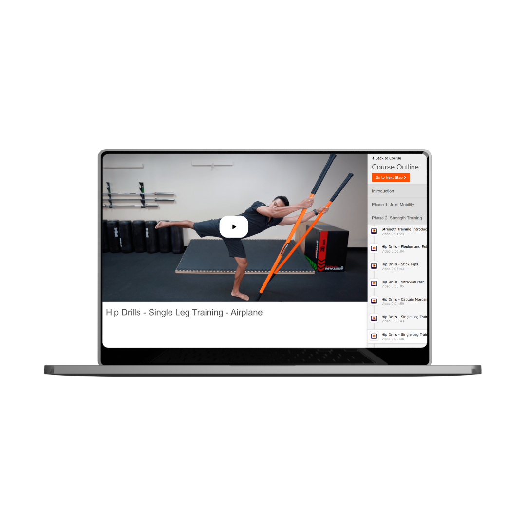 Laptop with a video clip from the Stick Mobility Online Introductory Workshop showing single leg airplane.