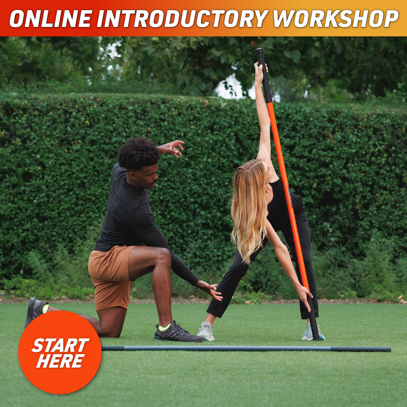 Woman performing a movement while a man provides feedback, with text saying "Online Introductory Workshop"