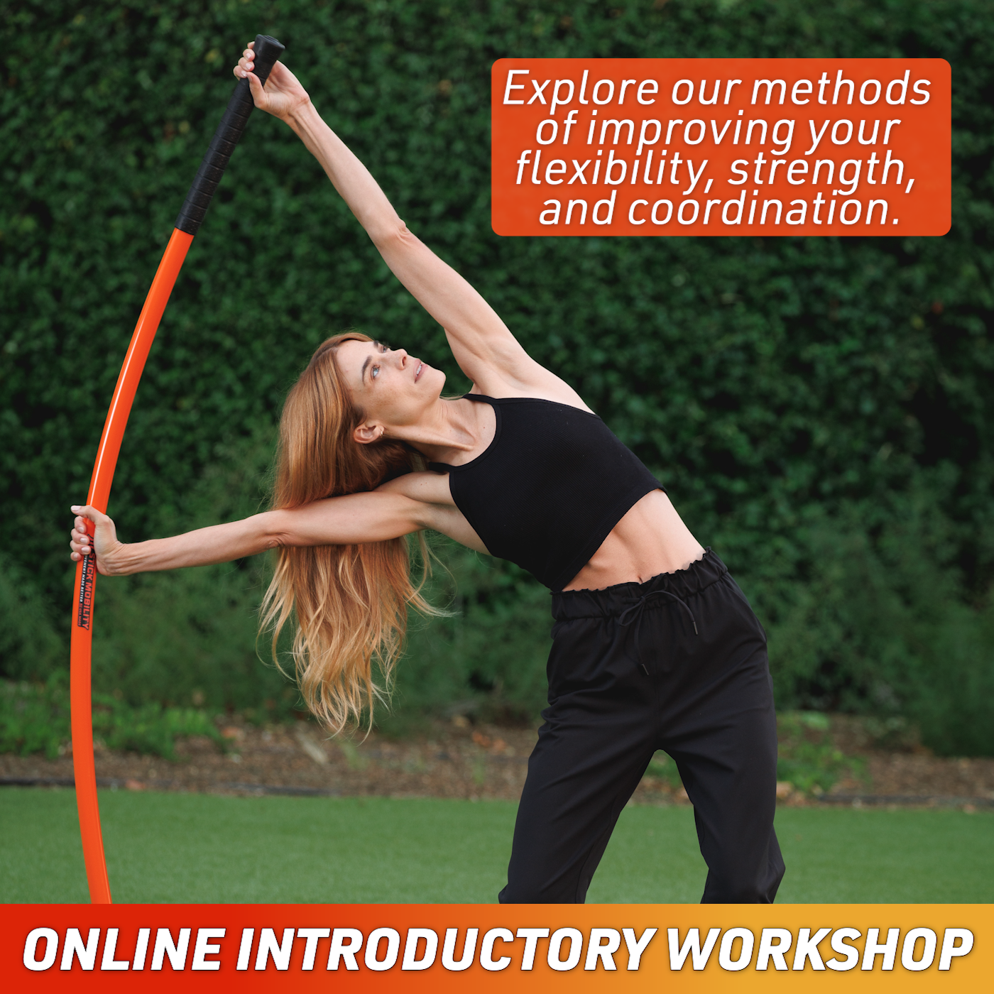 Woman performing the bow and arrow movement with text saying, "Explore our methods of improving your flexibility, strength, and coordination."