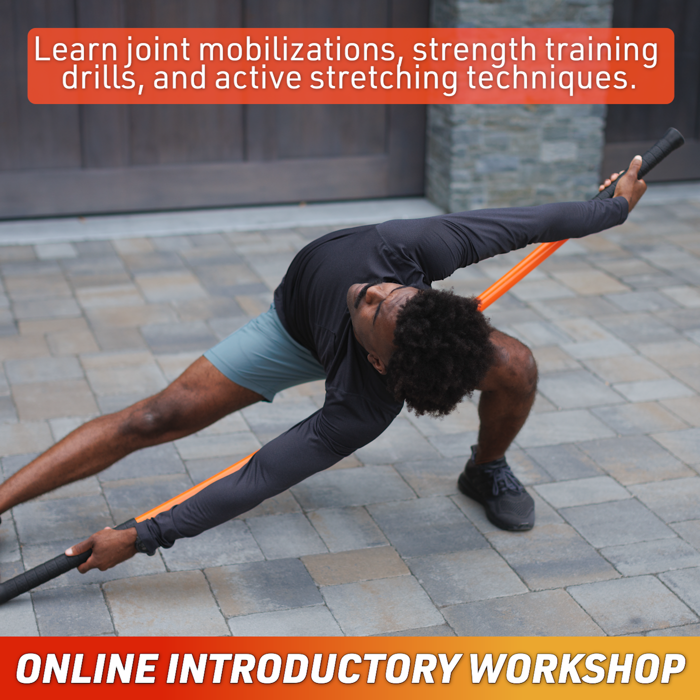 Man performing the stick mobility slapshot with text saying, "Learn joint mobilizations, strength training drills, and active stretching techniques."