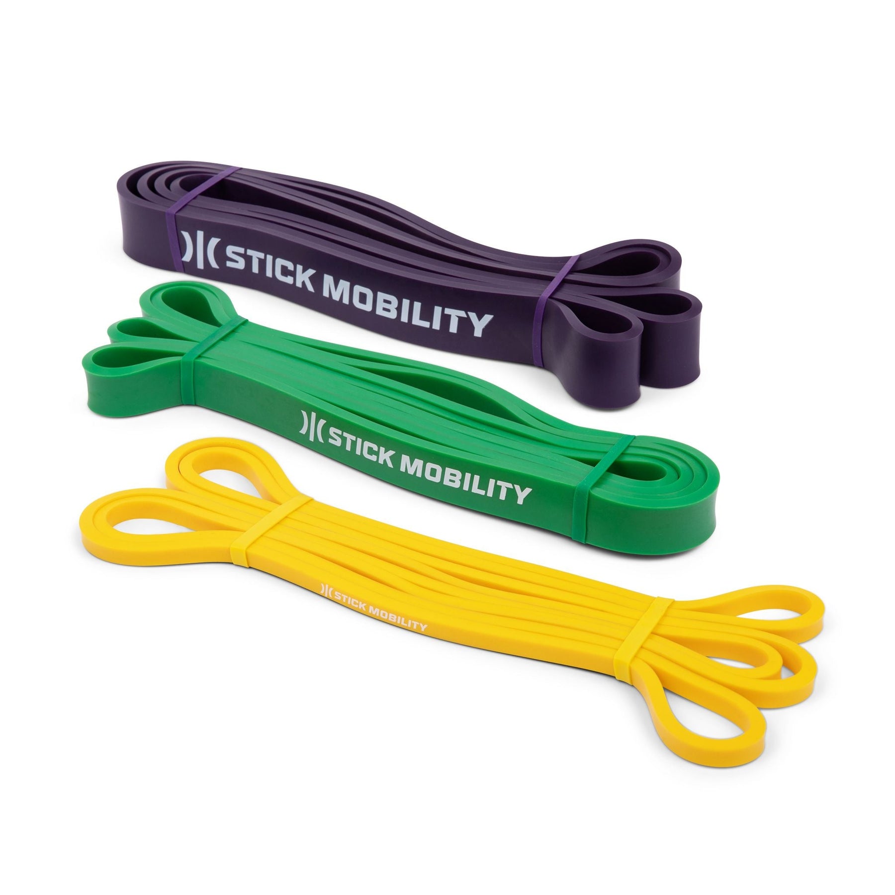 3 sets of folded Resistance Bands - showing the 3 bands that come in a pack with their differing thicknesses