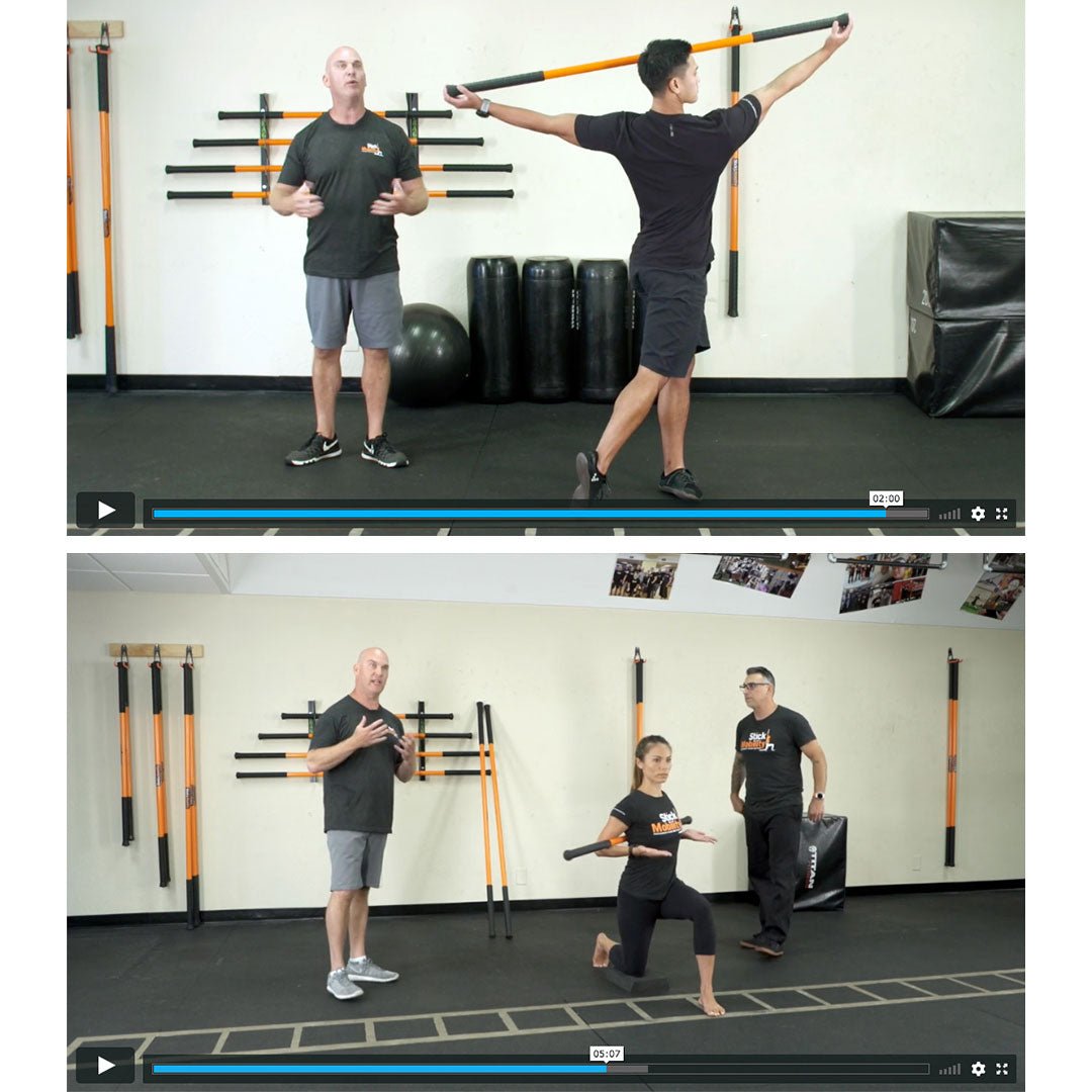 2 images - Image on top shows a man with arms extended with the Training Stick in between both of their hands with another man providing feedback. Bottom image shows a woman in a lunge with the stick behind her back with two men providing feedback.