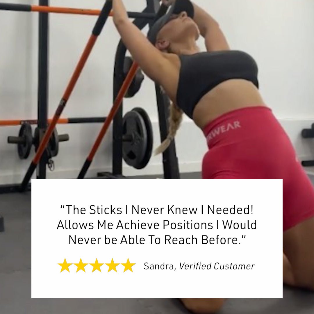 Woman performing an exercise with two Training Sticks with verified customer message text, "The sticks I never knew I needed! Allows me to achieve positions I would never be able to reach before."