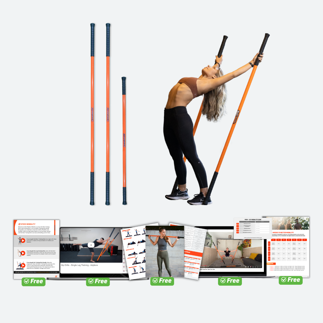 Woman exercising with resistance poles on a white background, with fitness resources displayed below.