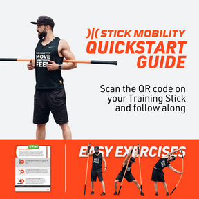 Person holding a training stick with 'Stick Mobility Quickstart Guide' text and QR code on a white background.