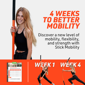 Advertisement for Stick Mobility program with a woman holding an orange stick and text about improving mobility, flexibility, and strength.