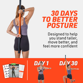 Advertisement for '30 Days to Better Posture' program with a woman using a posture corrector and text about benefits.
