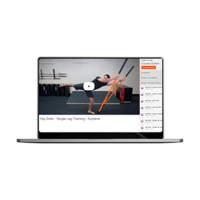 Laptop with a video clip from the Stick Mobility Online Introductory Workshop showing single leg airplane.