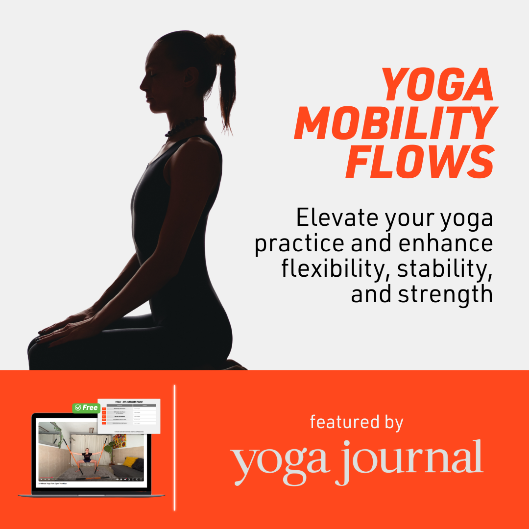 Silhouette of a person in a yoga pose with text about yoga mobility flows and Yoga Journal branding.