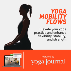 Silhouette of a person in a yoga pose with text about yoga mobility flows and Yoga Journal branding.