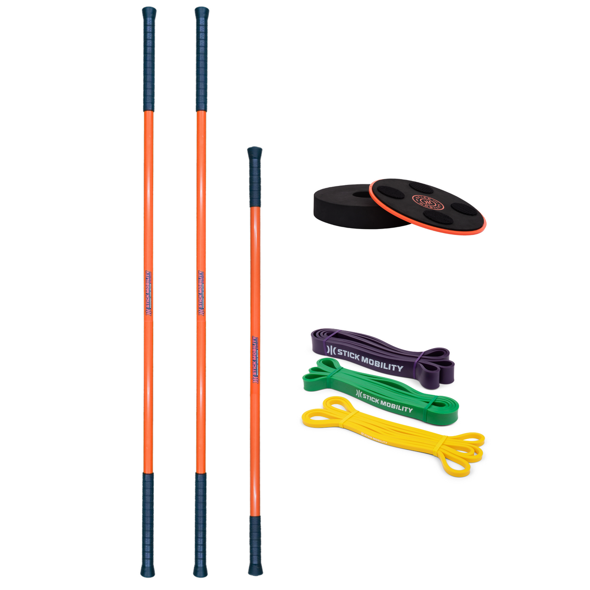Advanced Mobility Bundle Product Image showing 3 training sticks, trislider, and resistance bands