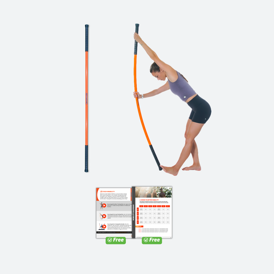 Woman using a pole for stretching with promotional materials on a white background