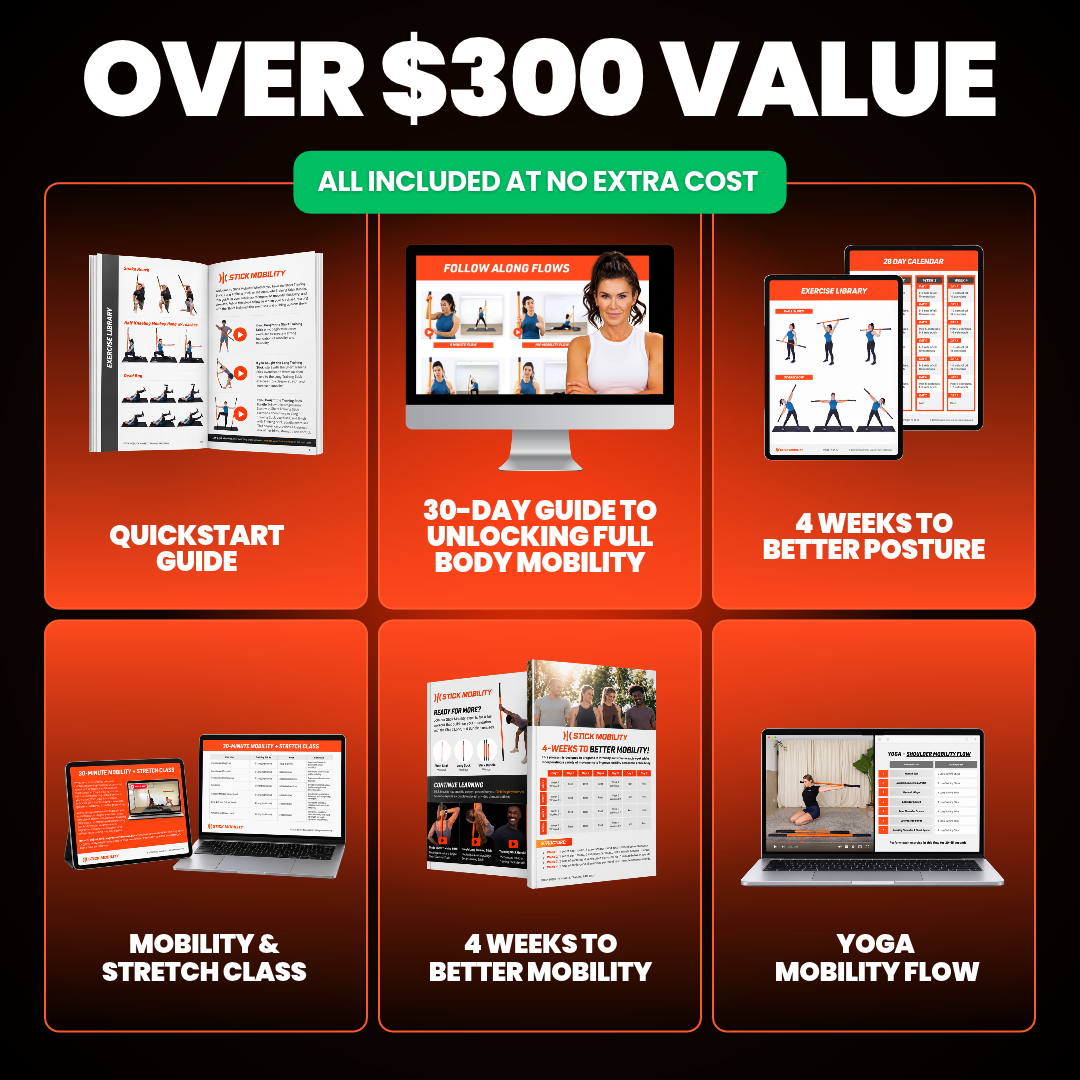 Promotional graphic for a fitness guide bundle, featuring six product panels on a red gradient background with the headline 'OVER $300 VALUE' and a green banner reading 'ALL INCLUDED AT NO EXTRA COST.' The included items shown are a quickstart guide, a 30-day guide to unlocking full body mobility on a computer monitor, a 4 weeks to better posture tablet layout, a laptop showing a mobility and stretch class, a booklet for 4 weeks to better mobility, and a yoga flow video.