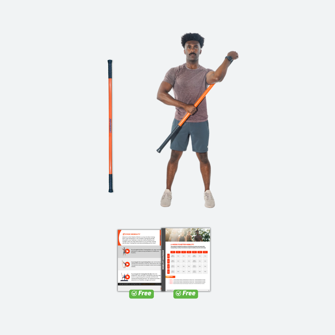 Man holding two hockey sticks with promotional text and graphics on a white background