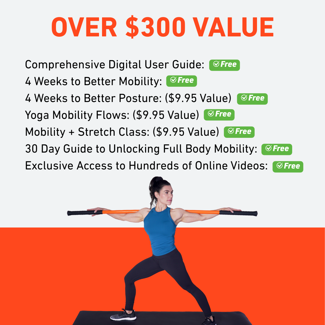 Woman exercising with a strap, promotional text about digital user guides and classes on a white and orange background.