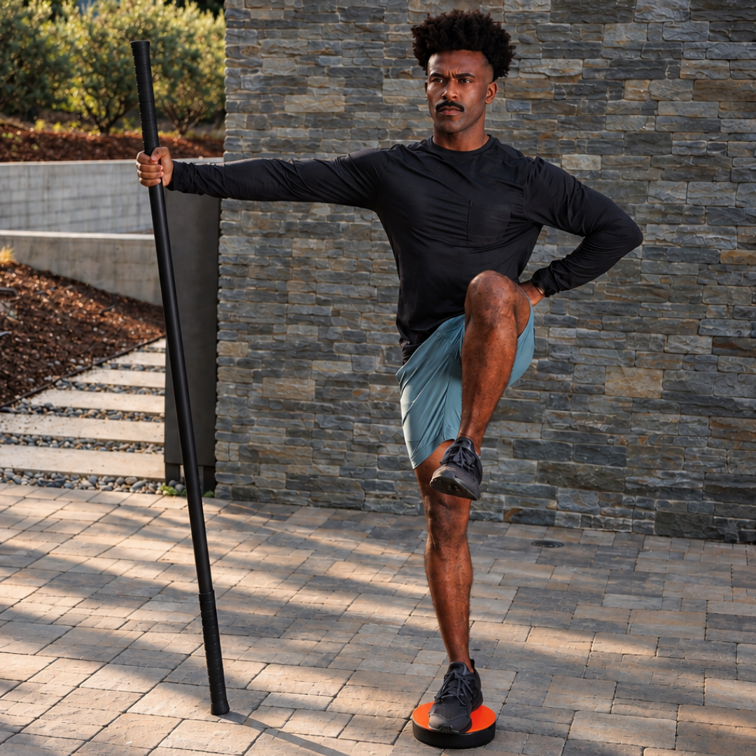 A man in a black long-sleeve athletic top and teal shorts stands in a outdoor patio setting, balancing on a TriSlider while holding a Stick Mobility Training Stick.