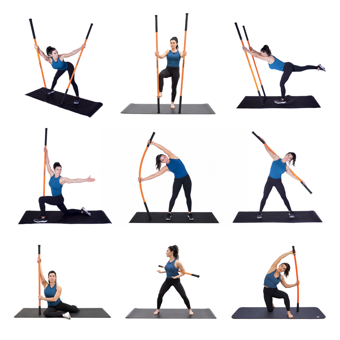 A 3x3 grid showing a woman performing yoga or stretching poses while using an Stick Mobility Training Sticks and black mat on a white background.