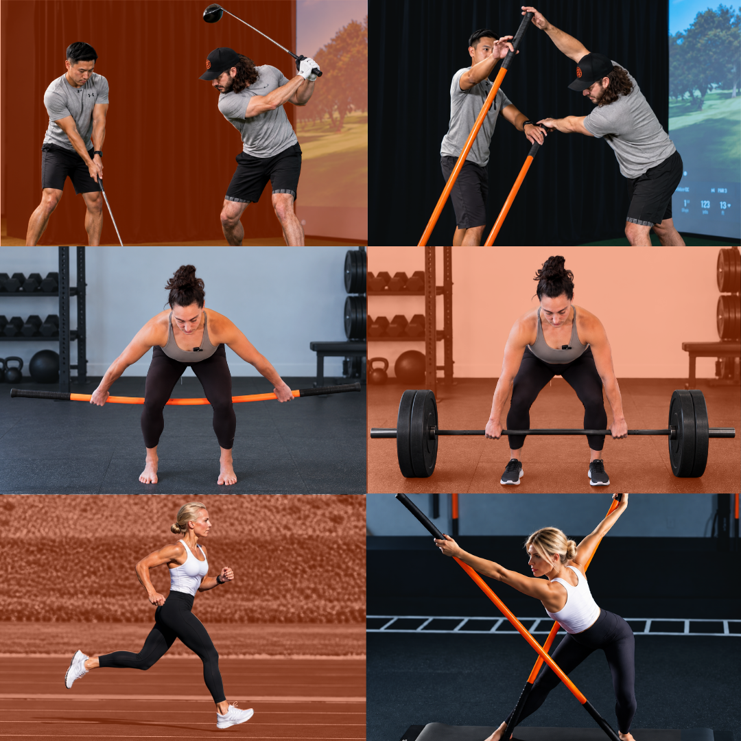 A six-panel collage showing Stick Mobility Training Sticks being used in various fitness scenarios: golf swing, receiving feedback from a trainer, squats, deadlifts, running on a track, and deadlift.