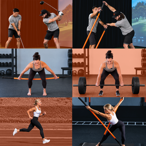 A six-panel collage showing Stick Mobility Training Sticks being used in various fitness scenarios: golf swing, receiving feedback from a trainer, squats, deadlifts, running on a track, and deadlift.