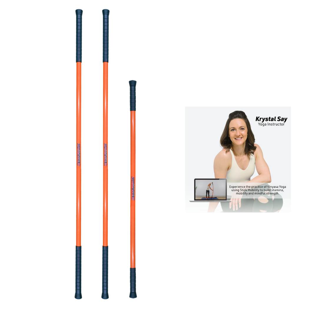 Three orange sticks with black ends on a white background, featuring an inset of a woman in a yoga pose.