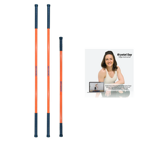Three orange sticks with black ends on a white background, featuring an inset of a woman in a yoga pose.